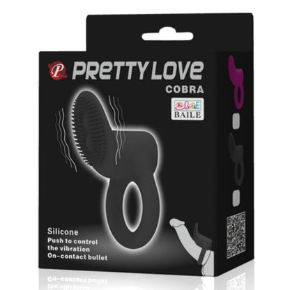 Anel Vibrador PRETTY LOVE Cobra Preto, detalhe da textura em silicone e formato ergonómico.