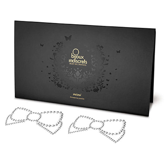 Bijoux Indiscrets Mimi Capas de Mamilos Laço Prata Brilhante, detalhe do acessório de lingerie