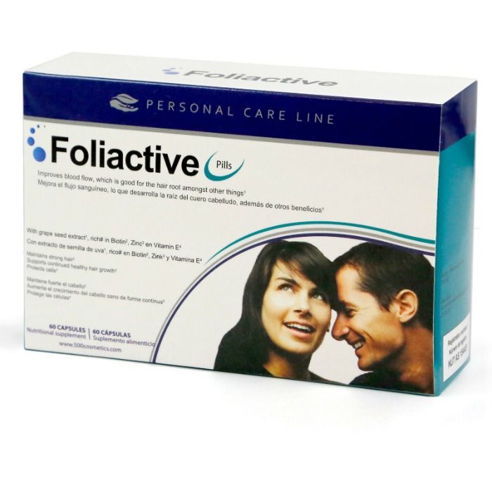Embalagem do suplemento 500 COSMETICS Foliactive para queda de cabelo com 60 comprimidos