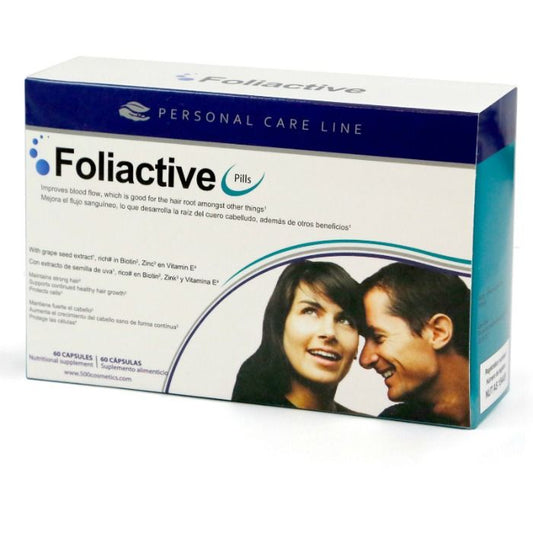 Embalagem do suplemento 500 COSMETICS Foliactive para queda de cabelo com 60 comprimidos