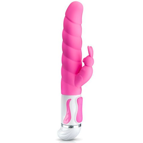 Close-up do Vibrador Estimulador Pretty Love Steven Coelho Rosa, destacando o estimulador rotativo do ponto G e o design tipo coelhinha.