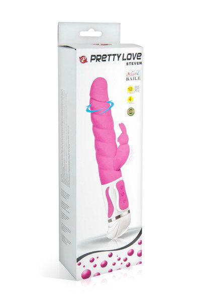 Close-up do Vibrador Estimulador Pretty Love Steven Coelho Rosa, destacando o estimulador rotativo do ponto G e o design tipo coelhinha.