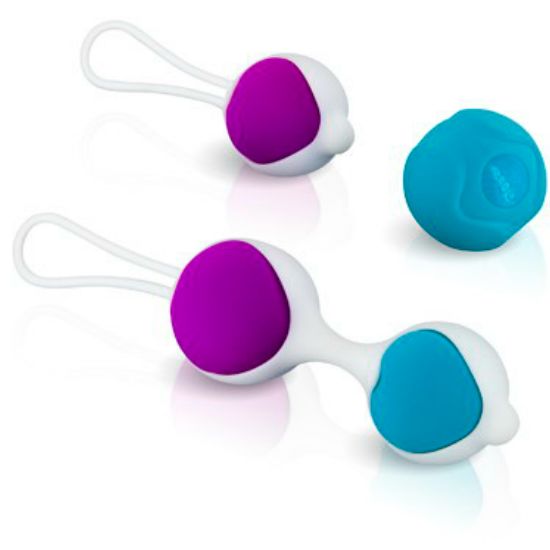 Detalhe das Bolas Vaginais Pretty Love Hegel com pesos intercambiáveis, mostrando o silicone macio e o design ergonómico.