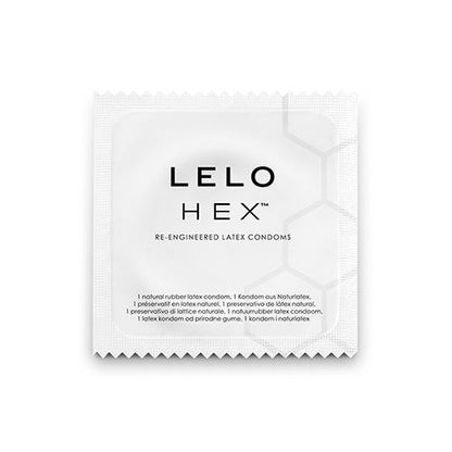 Embalagem de preservativos LELO HEX com design hexagonal, detalhe da tecnologia e da caixa de 3 unidades.