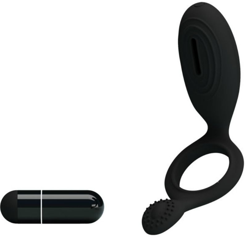 Anel vibrador PRETTY LOVE Ethel com estimulador clitoriano, feito de silicone preto.