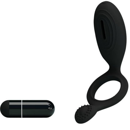 Anel vibrador PRETTY LOVE Ethel com estimulador clitoriano, feito de silicone preto.
