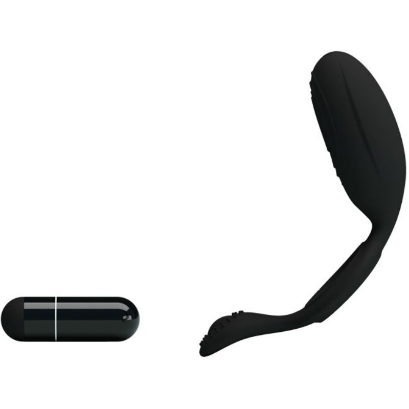 Anel vibrador PRETTY LOVE Ethel com estimulador clitoriano, feito de silicone preto.