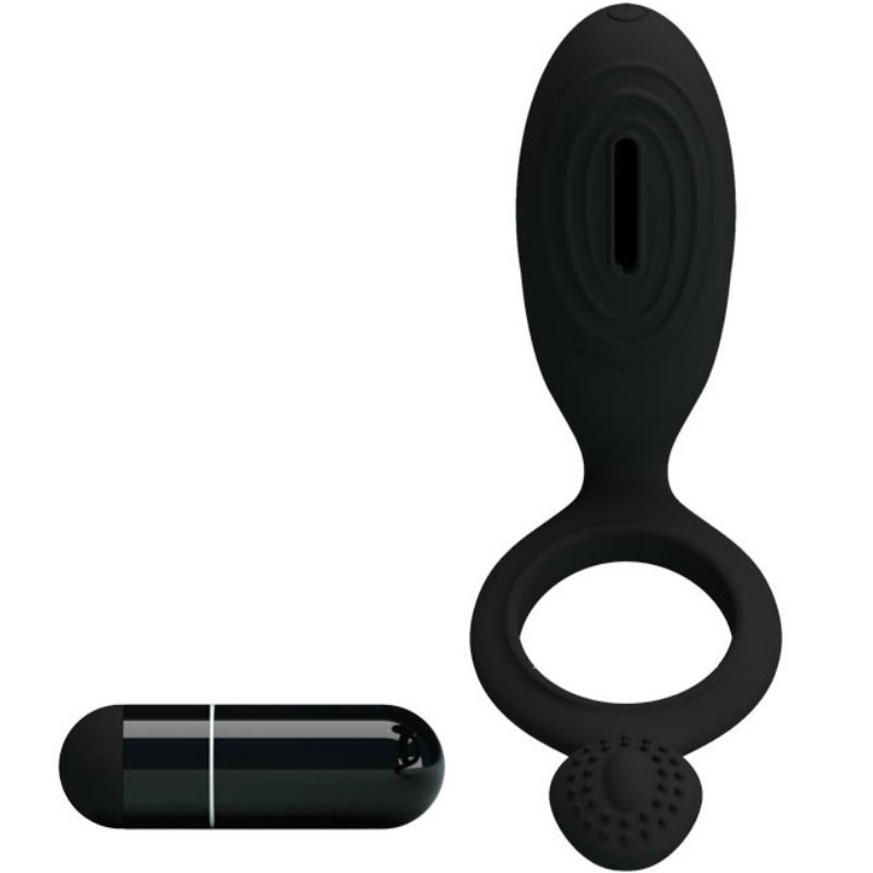 Anel vibrador PRETTY LOVE Ethel com estimulador clitoriano, feito de silicone preto.