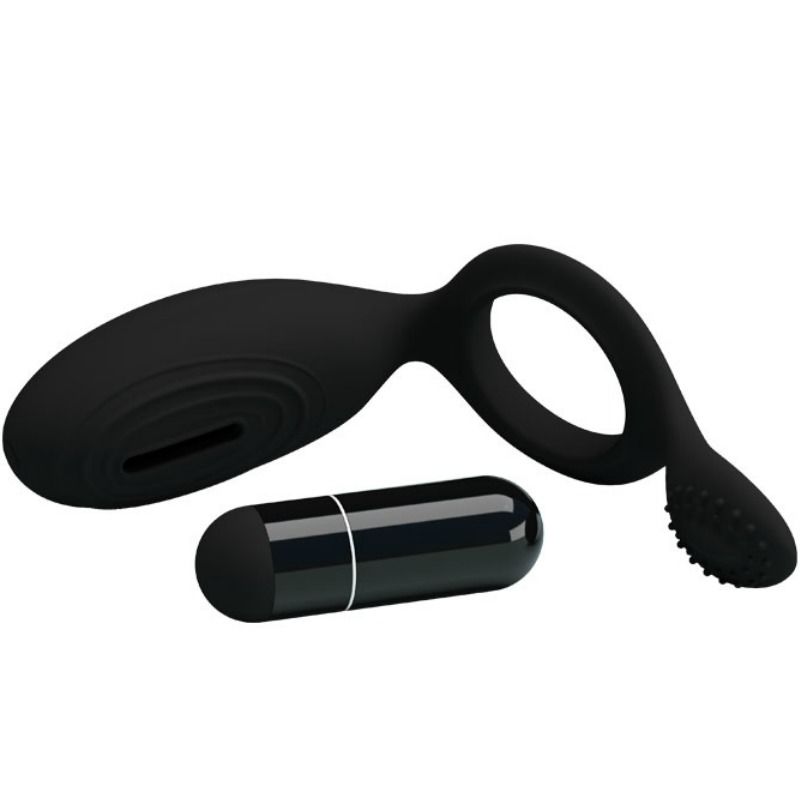 Anel vibrador PRETTY LOVE Ethel com estimulador clitoriano, feito de silicone preto.