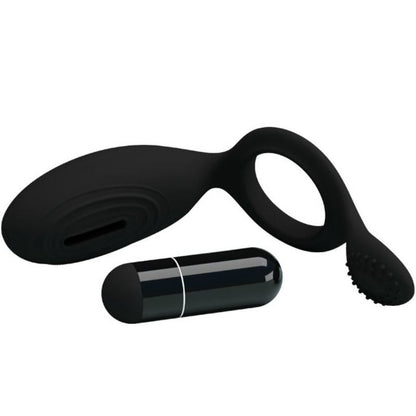 Anel vibrador PRETTY LOVE Ethel com estimulador clitoriano, feito de silicone preto.