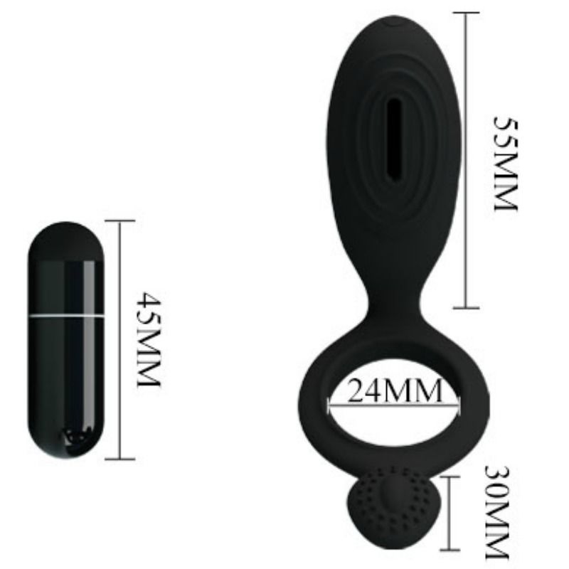 Anel vibrador PRETTY LOVE Ethel com estimulador clitoriano, feito de silicone preto.
