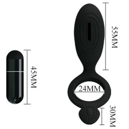 Anel vibrador PRETTY LOVE Ethel com estimulador clitoriano, feito de silicone preto.