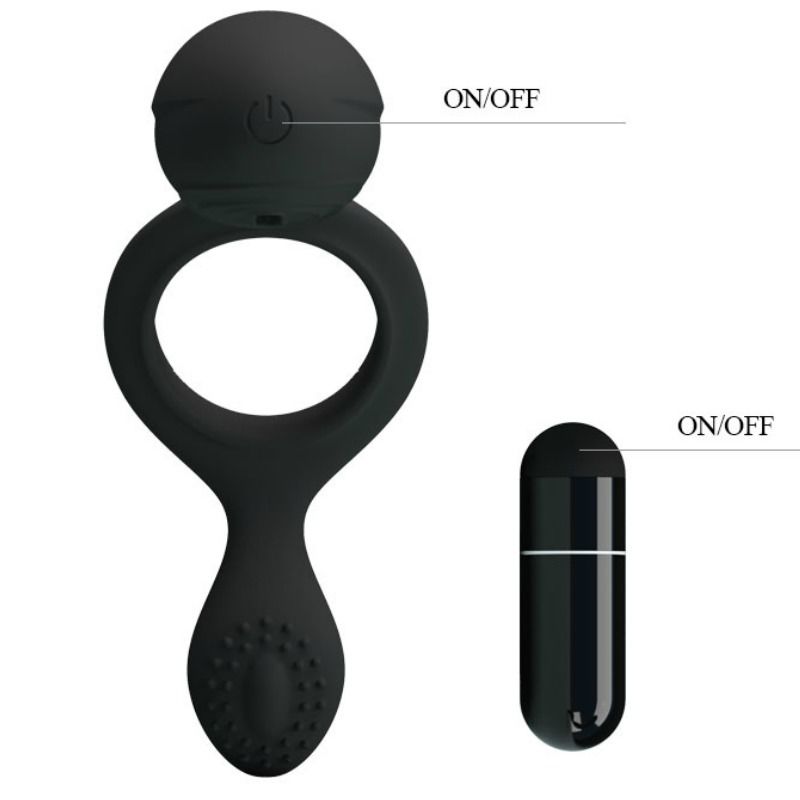 Anel vibrador PRETTY LOVE Ethel com estimulador clitoriano, feito de silicone preto.