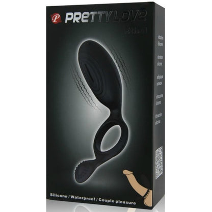 Anel vibrador PRETTY LOVE Ethel com estimulador clitoriano, feito de silicone preto.