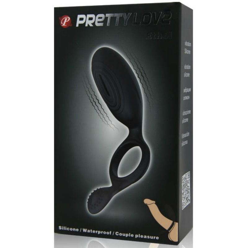 Anel vibrador PRETTY LOVE Ethel com estimulador clitoriano, feito de silicone preto.