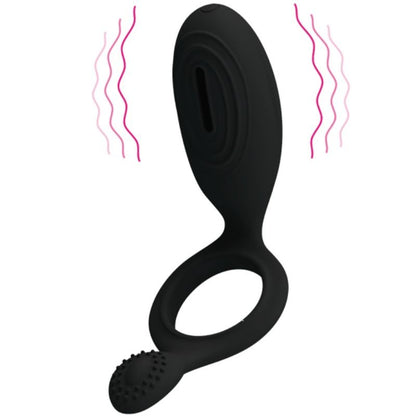 Anel vibrador PRETTY LOVE Ethel com estimulador clitoriano, feito de silicone preto.