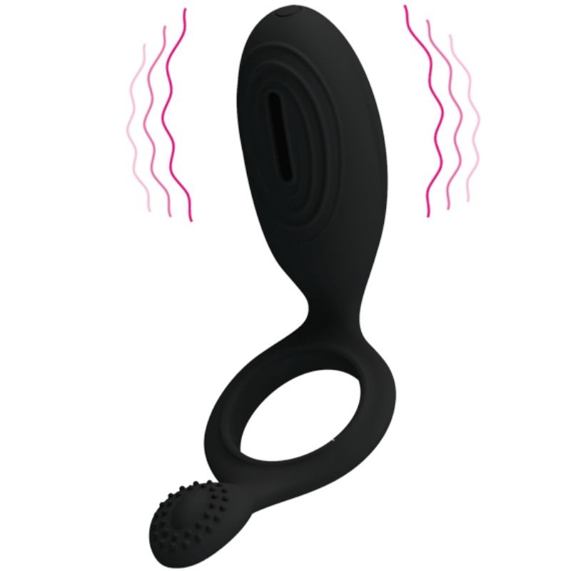 Anel vibrador PRETTY LOVE Ethel com estimulador clitoriano, feito de silicone preto.