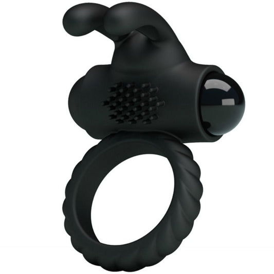 Anel vibrador PRETTY LOVE Eudora em silicone preto com estimulador clitoriano e design ergonómico.