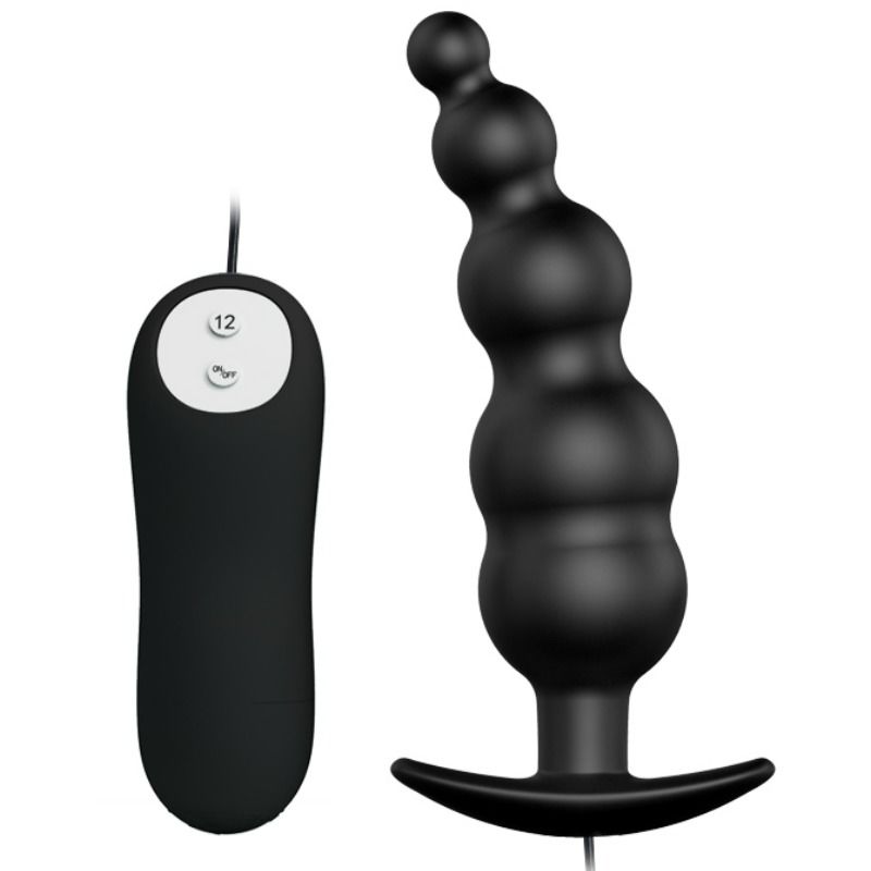 Close-up of the PRETTY LOVE Plug Anal de Silicone com 12 Modos de Vibração mostrando sua textura, forma e controle remoto.