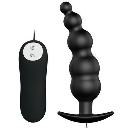Close-up of the PRETTY LOVE Plug Anal de Silicone com 12 Modos de Vibração mostrando sua textura, forma e controle remoto.