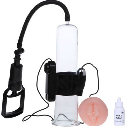 Detalhe da Bomba Peniana BAILE de Vácuo com Vibração, mostrando o tubo transparente e a base vibratória.