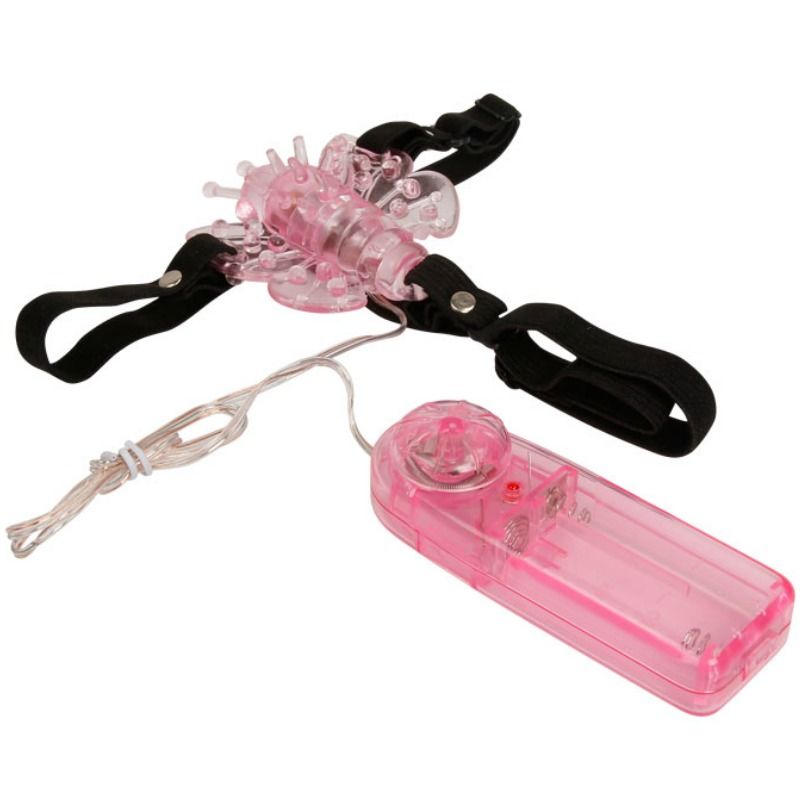Imagem do BAILE Arnês Vibrante com Borboleta de Múltiplas Velocidades, mostrando o arnês preto e a borboleta vibrante rosa.