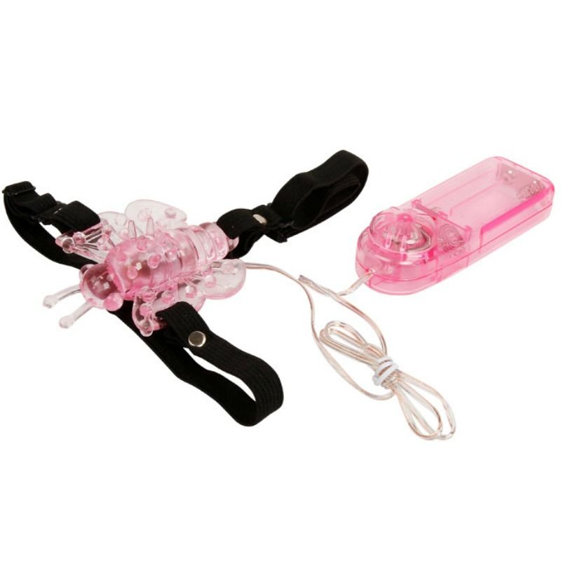 Imagem do BAILE Arnês Vibrante com Borboleta de Múltiplas Velocidades, mostrando o arnês preto e a borboleta vibrante rosa.