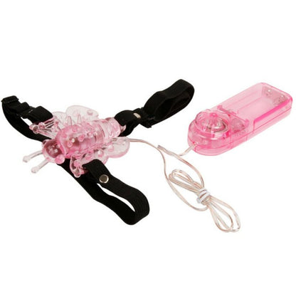 Imagem do BAILE Arnês Vibrante com Borboleta de Múltiplas Velocidades, mostrando o arnês preto e a borboleta vibrante rosa.