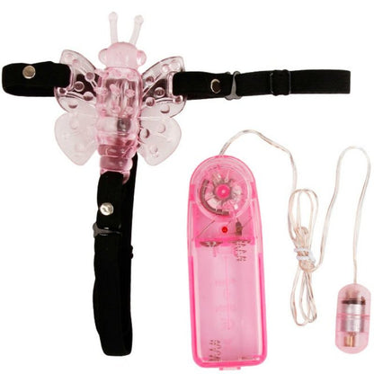 Imagem do BAILE Arnês Vibrante com Borboleta de Múltiplas Velocidades, mostrando o arnês preto e a borboleta vibrante rosa.