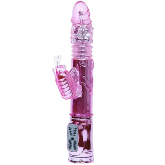 Vibrador Baile Recarregável com rotação e estimulador de borboleta pulsante, em silicone.