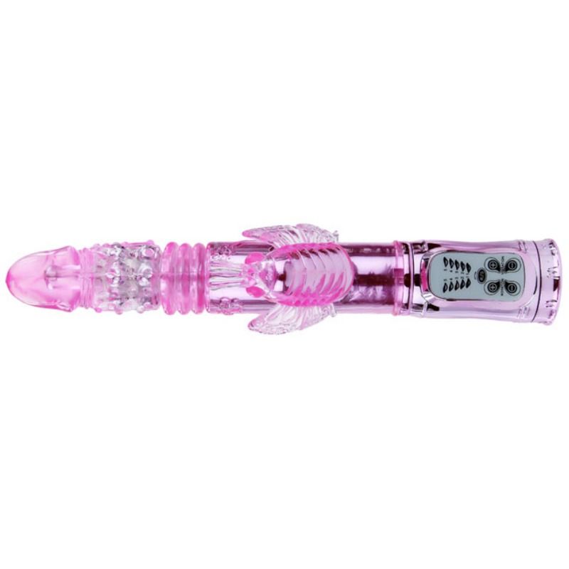Vibrador Baile Recarregável com rotação e estimulador de borboleta pulsante, em silicone.