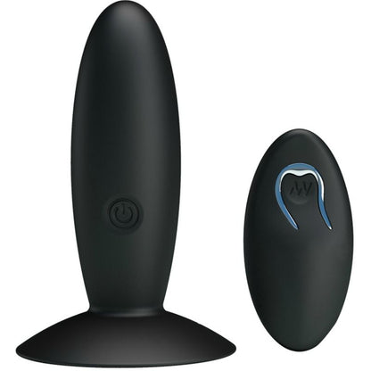 Close-up do Plug Anal Pretty Love Recarregável com Vibração e Controle Remoto, mostrando seu design em silicone preto e base com ventosa.
