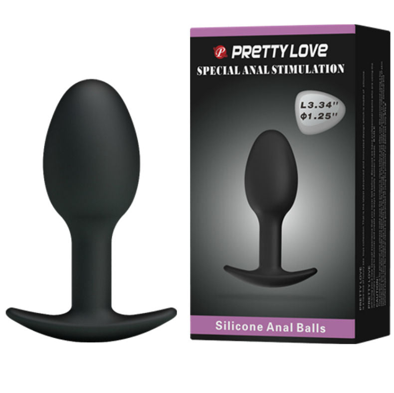 Close-up of the 'PRETTY LOVE Plug Anal de Silicone 6.5 cm com Bola Pesada' showing its sleek black design and ergonomic shape.