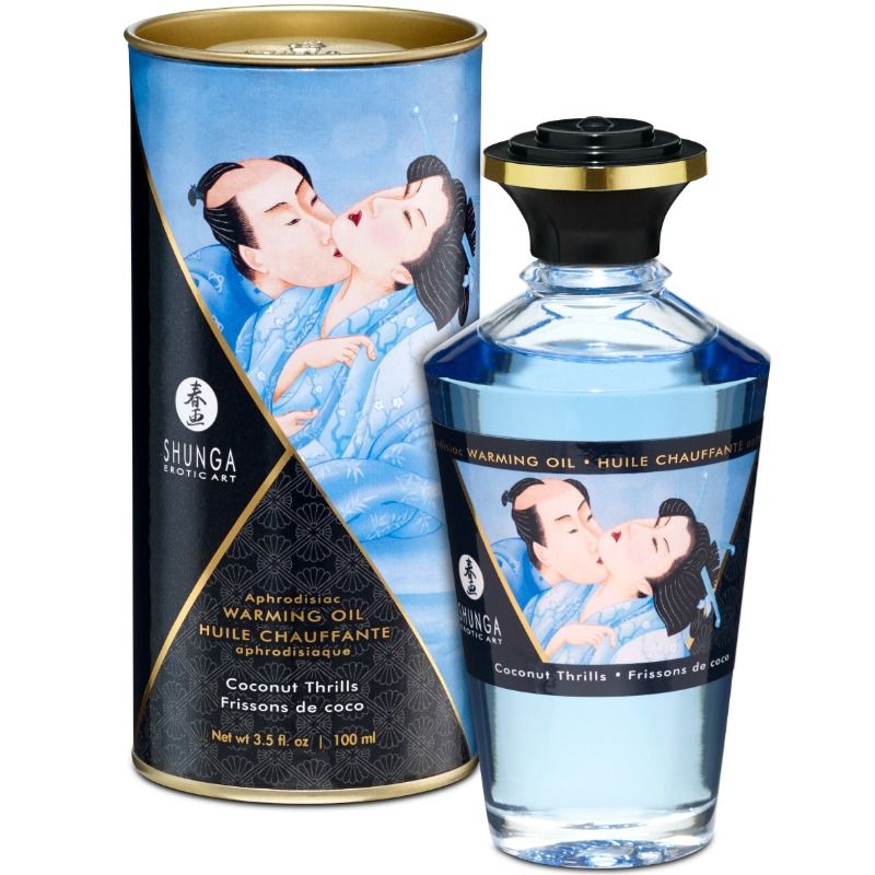 Frasco de SHUNGA Óleo de Massagem Efeito Calor Sabor Coco 100 ML, ideal para massagens sensuais.