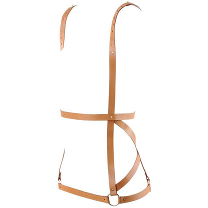 Close-up of the BIJOUX INDISCRETS Arnês Vestido Maze Marrom Ajustável, showcasing its vegan leather straps and versatile design.