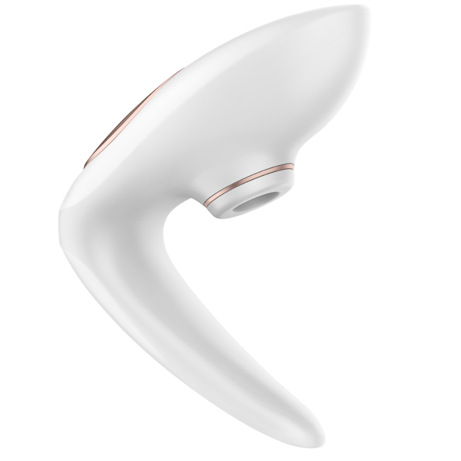 Close-up of the Satisfyer Pro 4 Casais Edição 2020, showing its ergonomic design and silicone head for dual stimulation.
