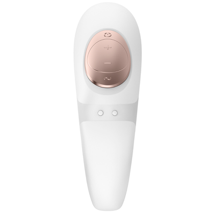 Close-up of the Satisfyer Pro 4 Casais Edição 2020, showing its ergonomic design and silicone head for dual stimulation.