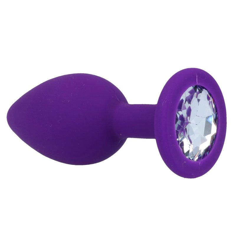 Close-up do INTENSE Plug Anal de Silicone Macio com Base Diamante Lilás, mostrando sua textura e formato ergonómico.