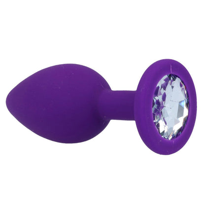 Close-up do INTENSE Plug Anal de Silicone Macio com Base Diamante Lilás, mostrando sua textura e formato ergonómico.