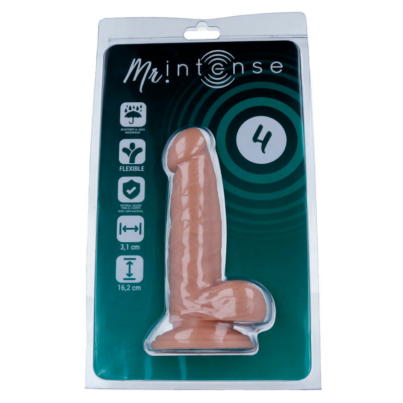 Close-up of the Mr. Intense Dildo Realista 16.2 cm with suction cup, showing its realistic texture and flexible material.