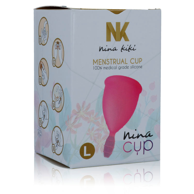 Copo Menstrual NINA KIKÍ Rosa, Tamanho L, para higiene íntima feminina.