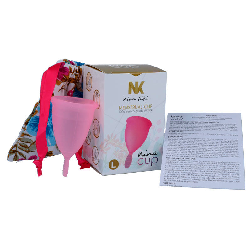Copo Menstrual NINA KIKÍ Rosa, Tamanho L, para higiene íntima feminina.
