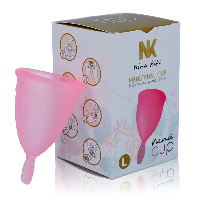 Copo Menstrual NINA KIKÍ Rosa, Tamanho L, para higiene íntima feminina.