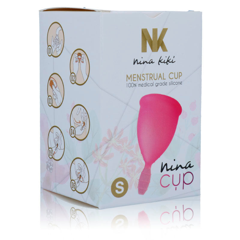 Copo menstrual NINA KIKÍ Rosa Tamanho S, feito de silicone médico para higiene íntima.