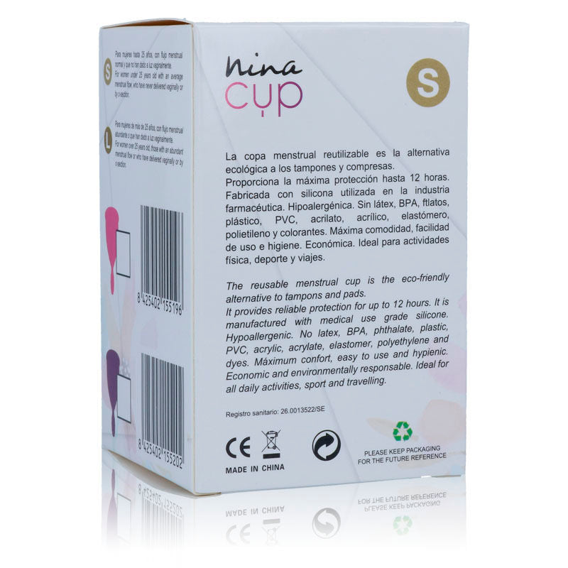 Copo menstrual NINA KIKÍ Rosa Tamanho S, feito de silicone médico para higiene íntima.