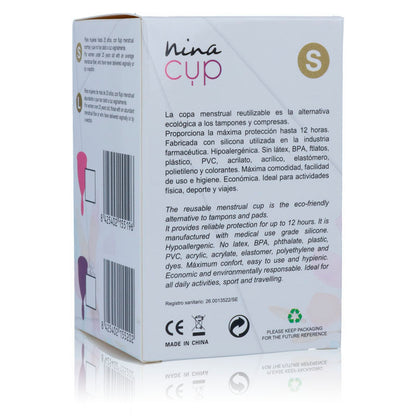 Copo menstrual NINA KIKÍ Rosa Tamanho S, feito de silicone médico para higiene íntima.