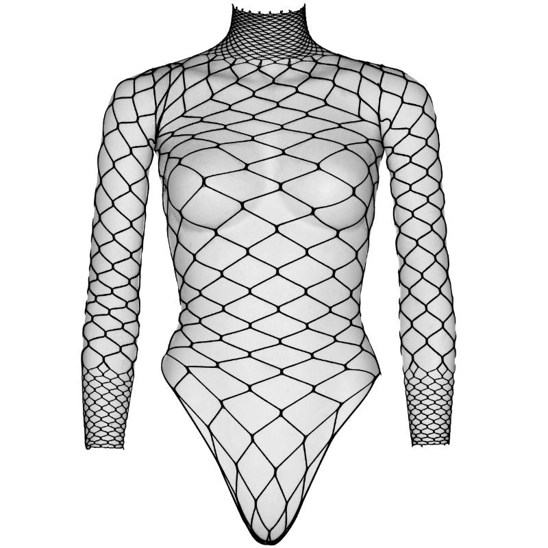 Teddy fishnet Leg Avenue com gola alta e manga comprida, exibindo o design em rede e a cor preta.