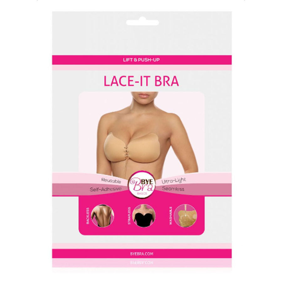 Close-up do Sutiã Adesivo Push-Up BYE-BRA Lace-It Bege Copa B, mostrando o design e a textura do tecido.