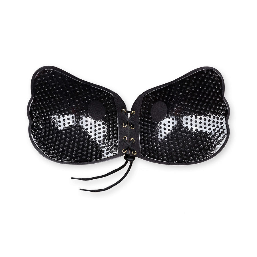 BYE-BRA Sutiã Adesivo Push-Up Lace-It Preto Copa B, mostrando o design sem alças e o fecho frontal ajustável.