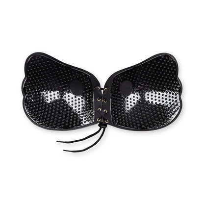 BYE-BRA Sutiã Adesivo Push-Up Lace-It Preto Copa B, mostrando o design sem alças e o fecho frontal ajustável.